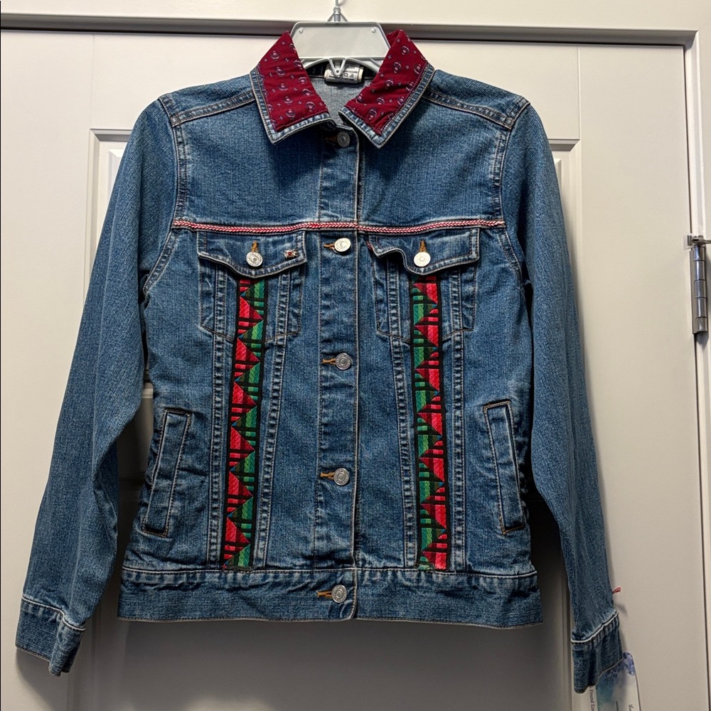 Upcycled Levi's Embellished Blue Denim Jacket with Lace and Gold Leaf Accents XS - Picture 8 of 12